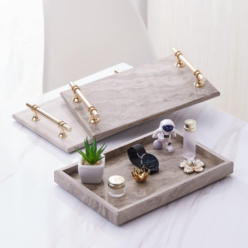 Natural Wood Grain Marble Tray Jewelry Cosmetics Display Rectangular Stone Organizer With Metal Handle
