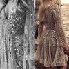 Spring and summer new European and American women's clothing, dress long-sleeved deep V medium skirt perspective sprinkling gold dress