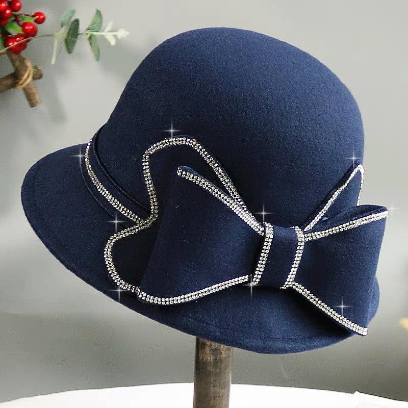 Autumn And Winter Top Hat, Rhinestone Bow, Wool Woolen Basin Hat, Fashionable British Retro Dome Fisherman Hat Adult 56-58cm