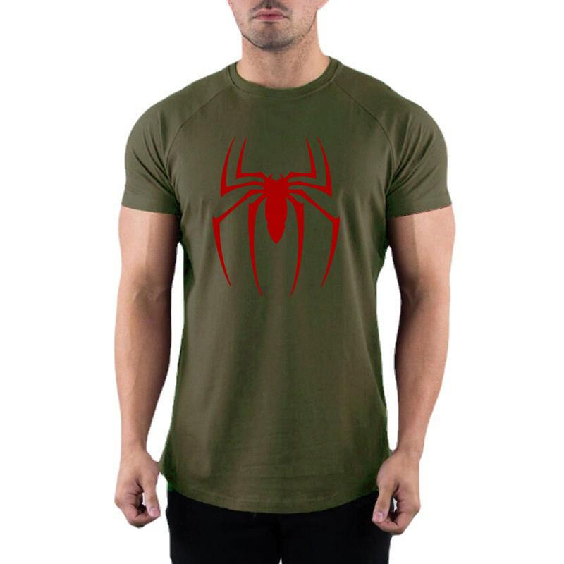 Red Spider Print Running Sport T-Shirt Mens Bodybuilding Short Sleeve Fitness Shirt Cotton Breathable Cool Feeling Gym Clothing XL