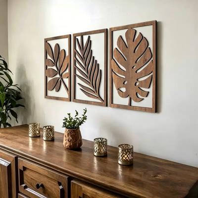 3 Pcs Palm Leaves Wooden Wall Art, Tropical Plant Boho Wall Decor, Minimalist Hollow Carved Wall Sculpture Panel for Home Living Room, Bedroom,