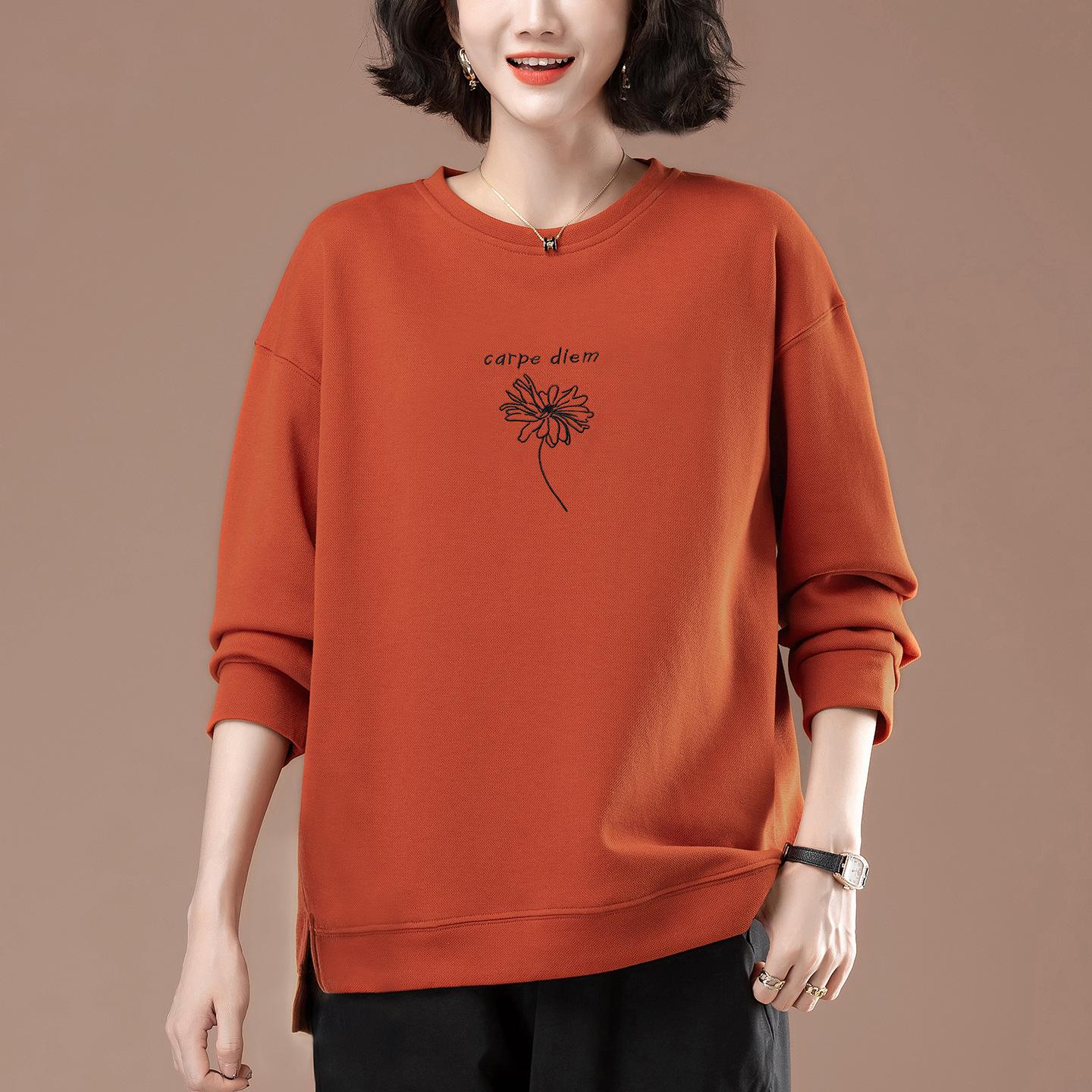 

Мамин свитшот большого размера с вышивкой - Повседневный с круглым вырезом для весны и осени 2XL мандариновый/красный