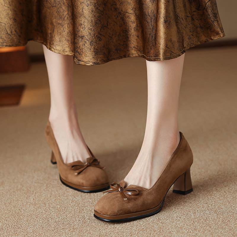 Krazing Pot Suede Round Toe Size 40 High Heels Slip On Platform Butterfly-knot Decoration Casual Autumn Shallow Pumps