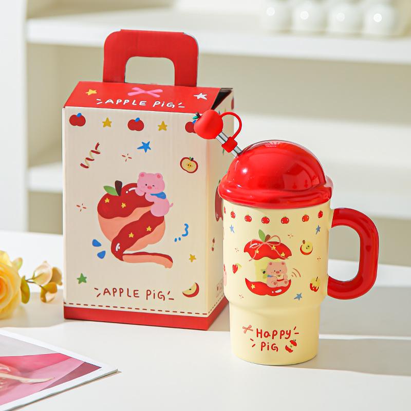 

Creative cartoon piggy apple mug office straw cup with lid water cup household girls high value cup 501-600ml