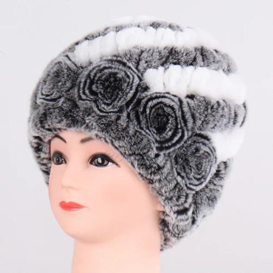 Hot Sale Winter Women Flower Striped Natural Real Fur Hats Lady Warm Knit Genuine Rex Rabbit Fur Caps Outdoor Fur Beanies Hats