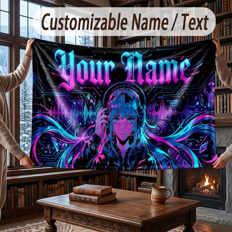 City Cyberpunk Theme Throw Blanket Custom Name Text Personalized Blanket Soft Cozy Blanket for Home Sofa Bed