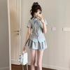 Korean Plaid Summer Patchwork Two-Piece: Short Sleeve Top & High Waist Skirt