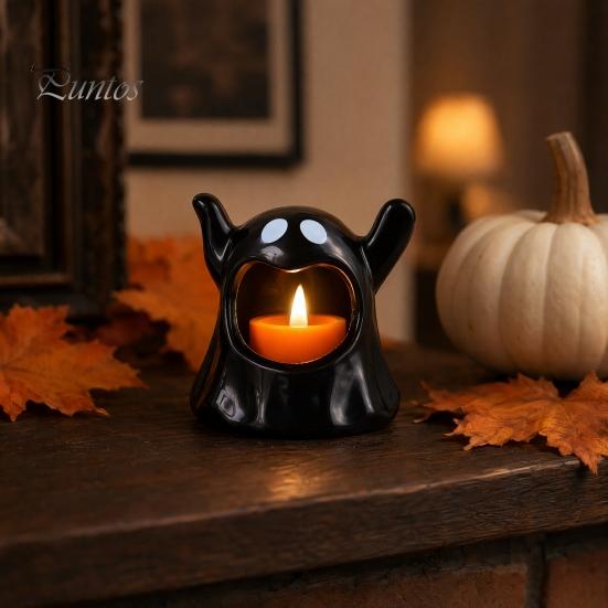 Halloween Home Ornament Ghost Candle Holder with LED Candle, Cute Tea Light Night Holder, Spooky Tabletop Decoration for Indoor Decor, Holiday