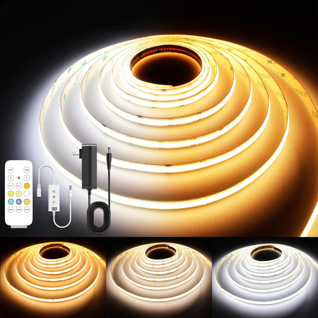 AXMOTUT CCT COB LED Strip Light 5m 24V Bulb Color Dimmable High Brightness High Density Flexible LED Strip Light with RF Remote and PSE Certified