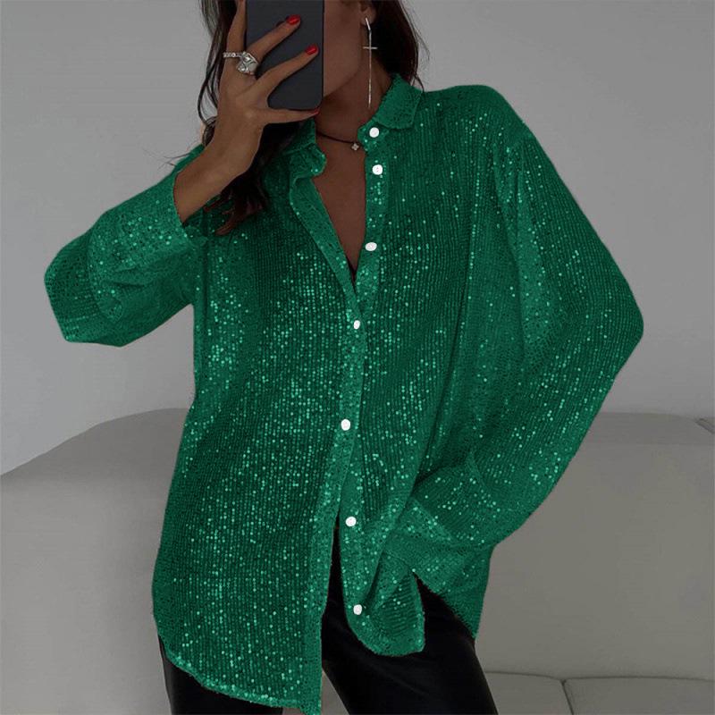 2026 Sexy Sequin Sparkle Lapel Single-Breasted Long Sleeve Women's Shirt