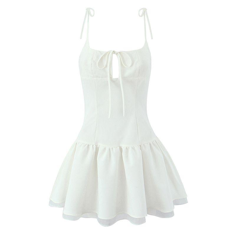 

Moonlight Waltz French style Sweet and Spicy Ballet Girl Slim White Dress Mesh Patchwork Pure Desire Lace-up Sling Dress Milk White Shoelace Slip Skirt L