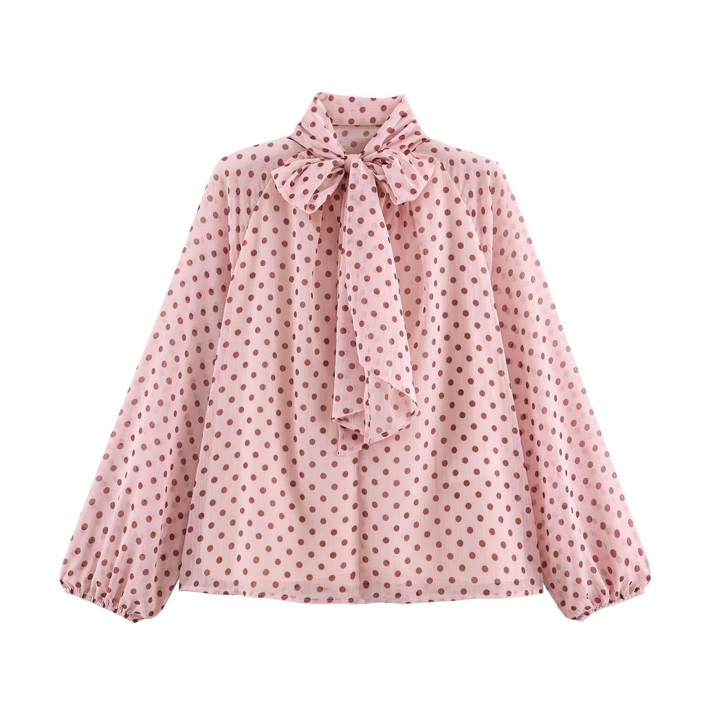 Elegant Women Korean Style Polka Dot Shirt Long Sleeve Bow Tie Collar Blouse Spring Autumn Loose Tops Fashion Sweet Simple Clothing