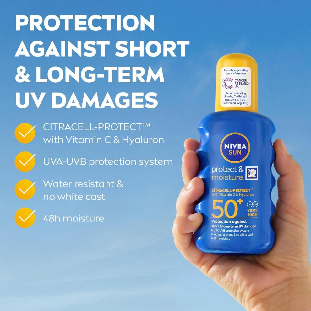 NIVEA SUN Protect & Moisture Sun Spray SPF 50+ (200ml), Moisturising Suncream Spray with Vitamin C and Hyaluron, Immediate UVA/UVB Protection, Fast