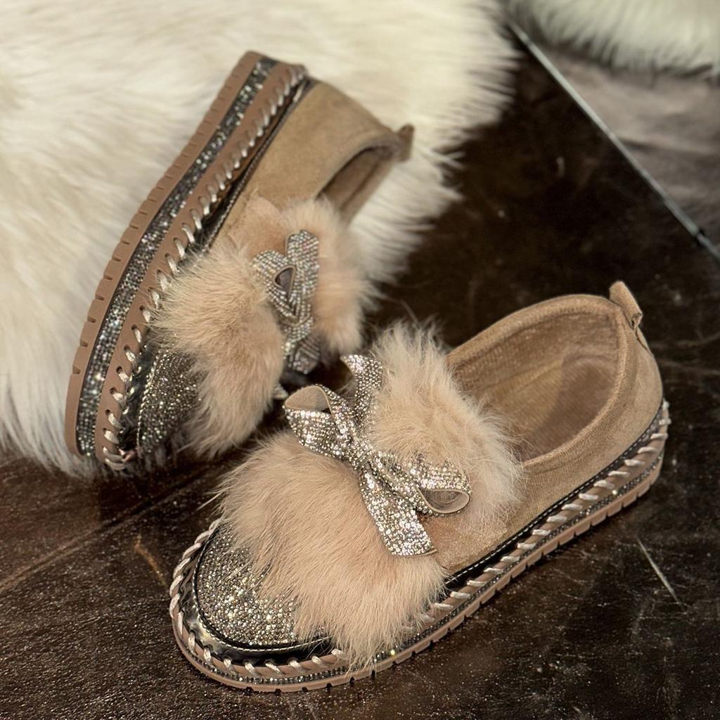 Aphixta Furry Crystal Bow Dec Women's Casual Shoes 3cm Flat Platform Loafers Short Plush Warm Autumn Winter Woman Flats Size 43