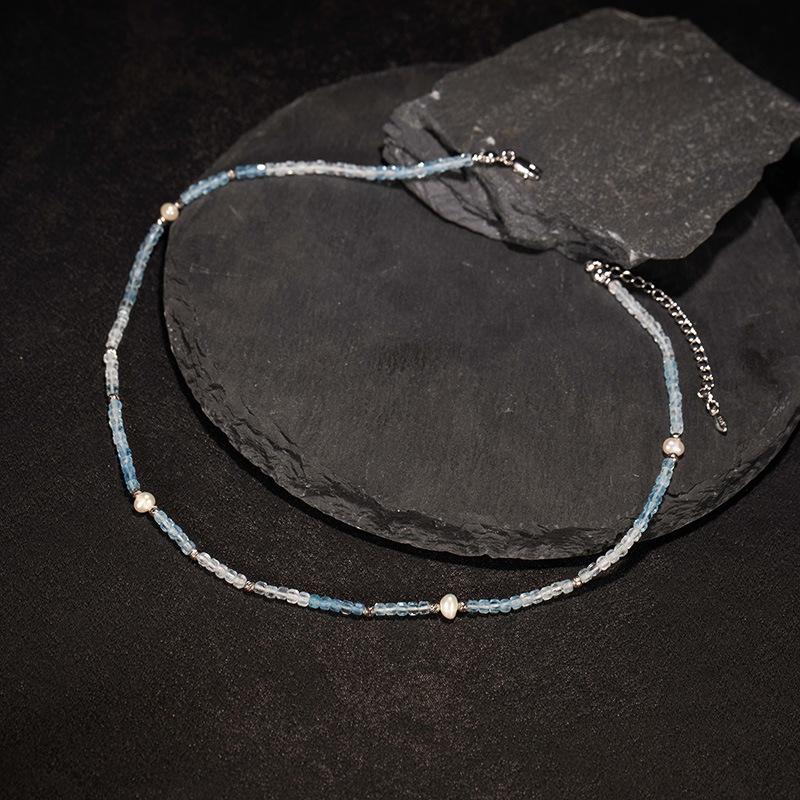 S925 Sterling Silver Colored Jewelry Natural Aquamarine Beaded Necklace Female Xiaohongshu Wechat Channels
