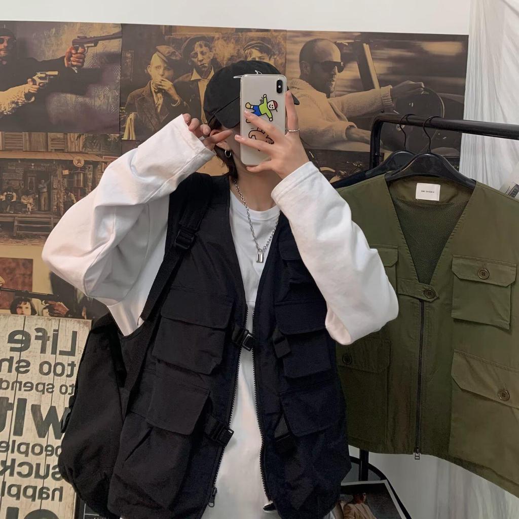 Herren Retro Japanische Streetwear Multi-Taschen Arbeitsweste, Lässige Lockere Passform, Ärmellos Nationaler Tide-Stil.