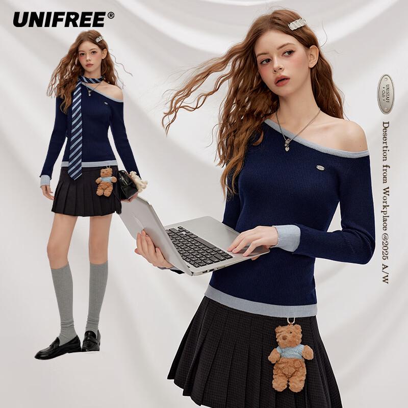 UNIFREE Color Block Off-Shoulder Slim Knit Top One Size