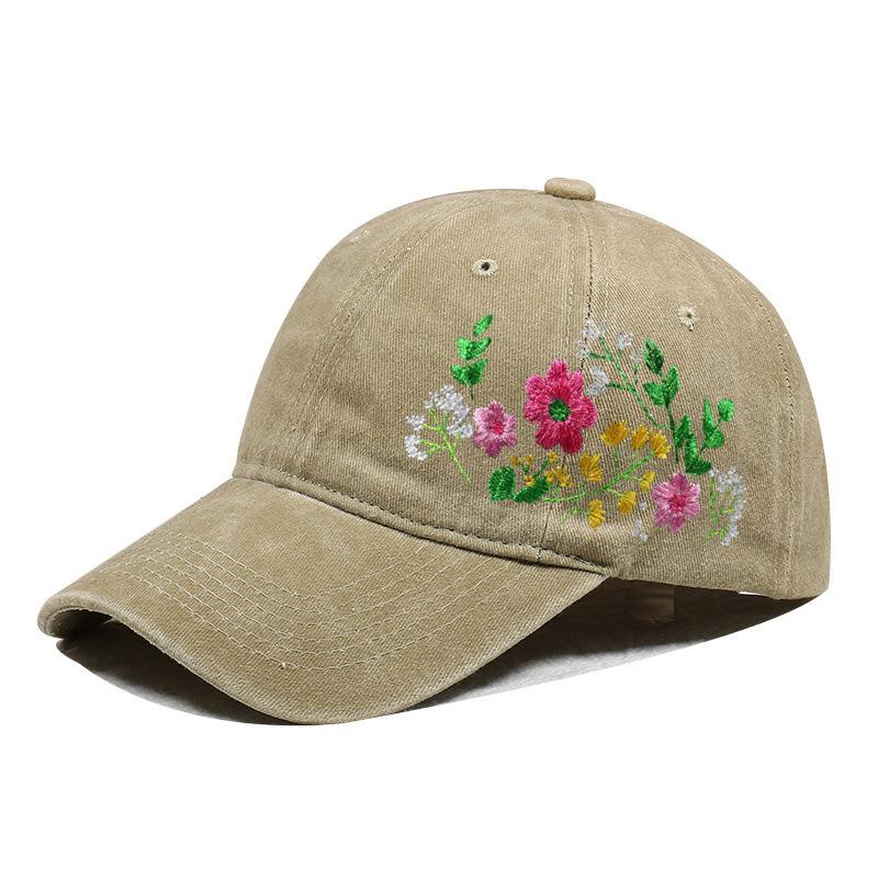 Dames Bloemen Geborduurde Baseballpet, Vintage Gewassen Katoen Verstelbare Zon Hoed