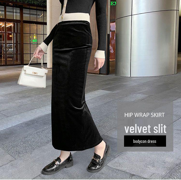 Women's Autumn/Winter Black Velvet Slimming Long Skirt with Thick Lining and Slit