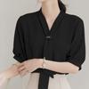 Ino Shirt Blouse Ribbon Top Short Sleeve Smooth Slimming Loose Fit Covers the Body Attractive Stylish Cute Plain Elegant Office Commuting Dates