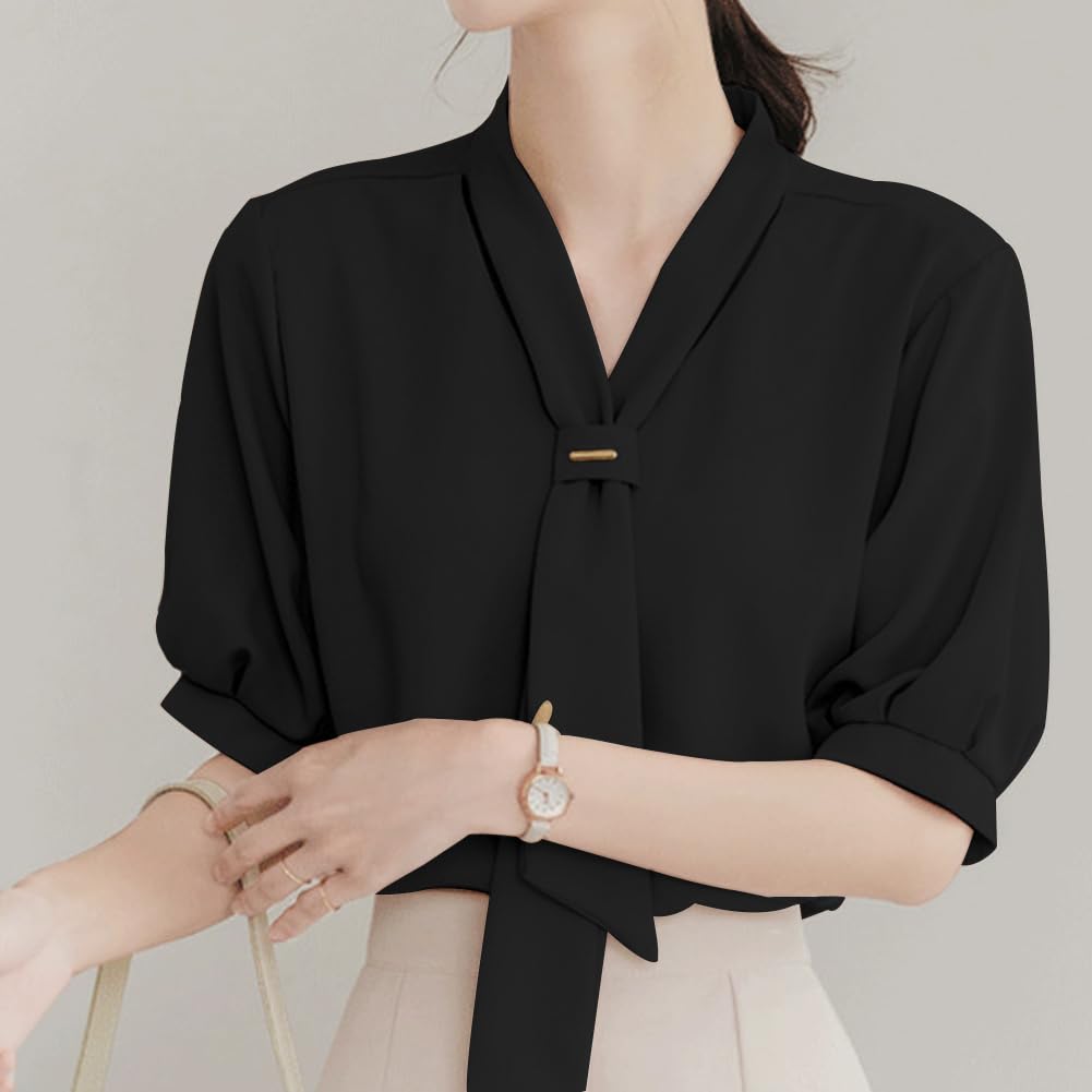 Ino Shirt Blouse Ribbon Top Short Sleeve Smooth Slimming Loose Fit Covers the Body Attractive Stylish Cute Plain Elegant Office Commuting Dates