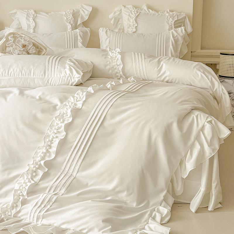 Koreanischer Prinzessinnenstil Spitze Rüschen Bettwäscheset Einfarbig Bettbezugset Flaches/Spannbettlaken Kissenbezüge Mit Kissenbezügen