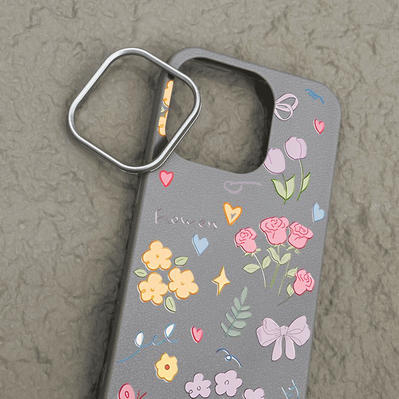 Cartoon Floral Pattern Shockproof Phone Case For iPhone 16 Pro Max 15 Pro 14 Plus 13 12 11 Soft TPU Leather Texture Slim Matte Back Cover