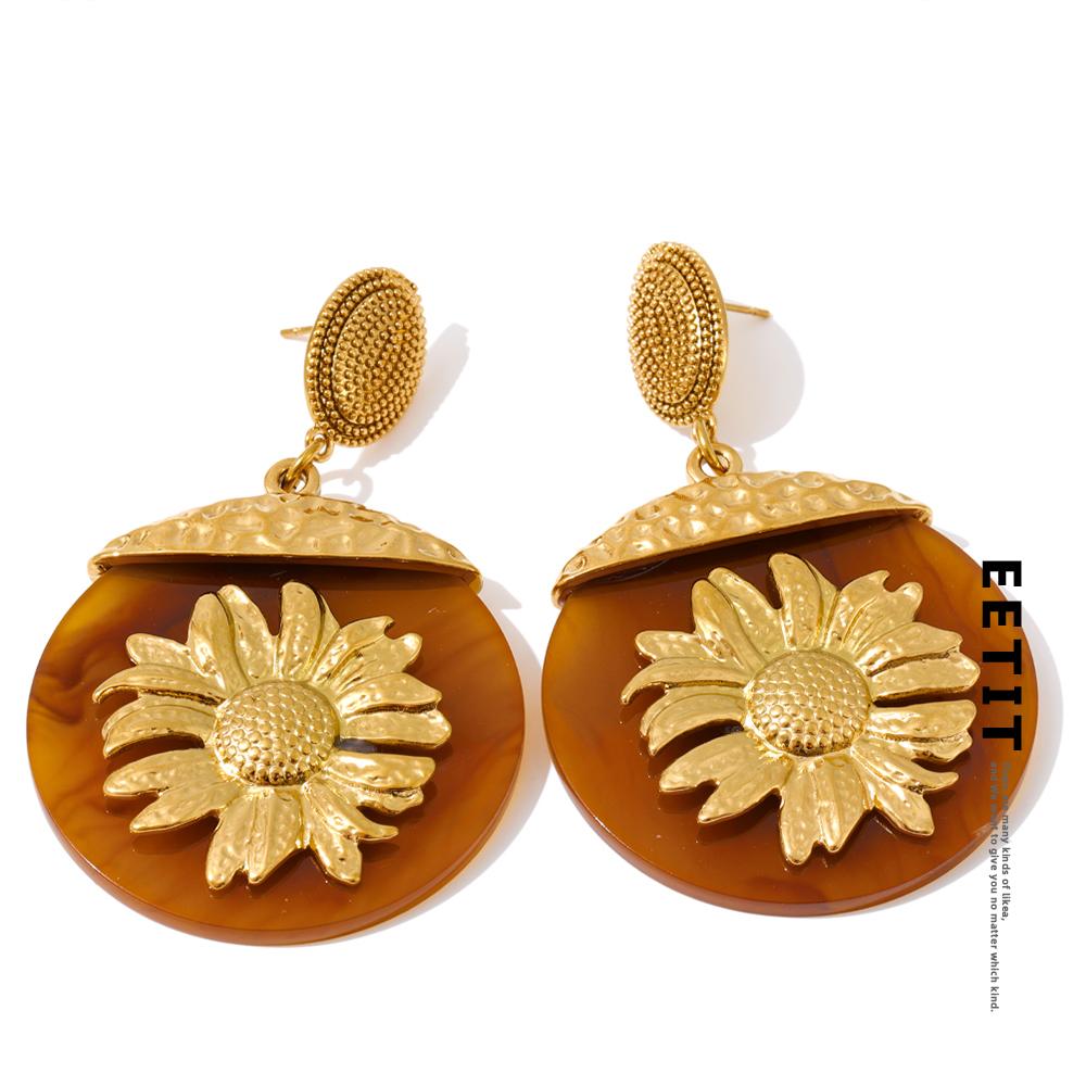 Eetit New Resin Acrylic Round Sun Flower Drop Dangle Earrings Golden Stainless Steel Autumn Winter Style Jewelry Waterproof Gift