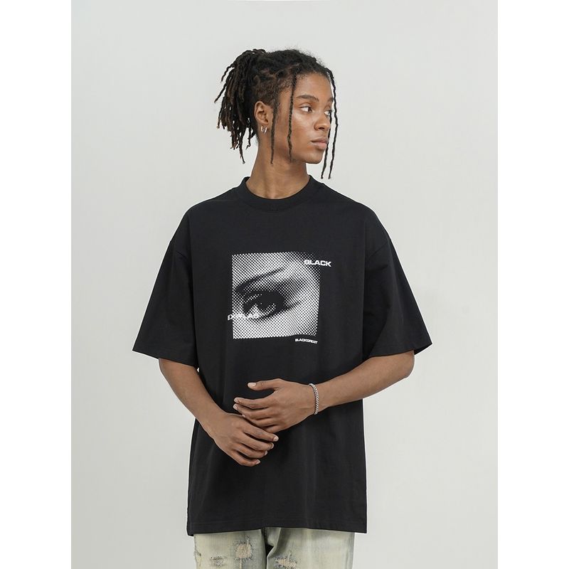 Black of Exit High Street Dark Abstract Print Loose Short-Sleeved T-Shirt for Men and Women, National Trend Niche Design Tee
