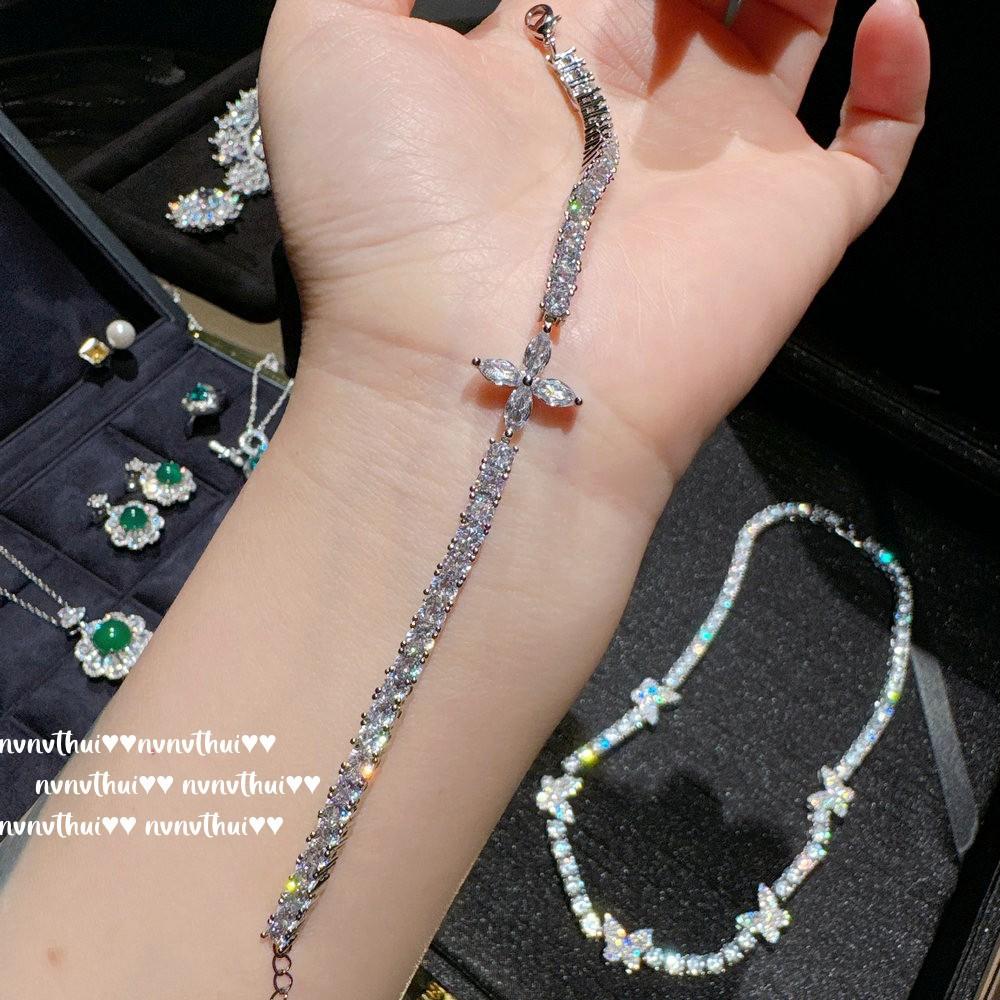 Italian Vintage Butterfly Gem Necklace Vintage Sparkling, Flower Sugar Cube Zircon Bracelet Set