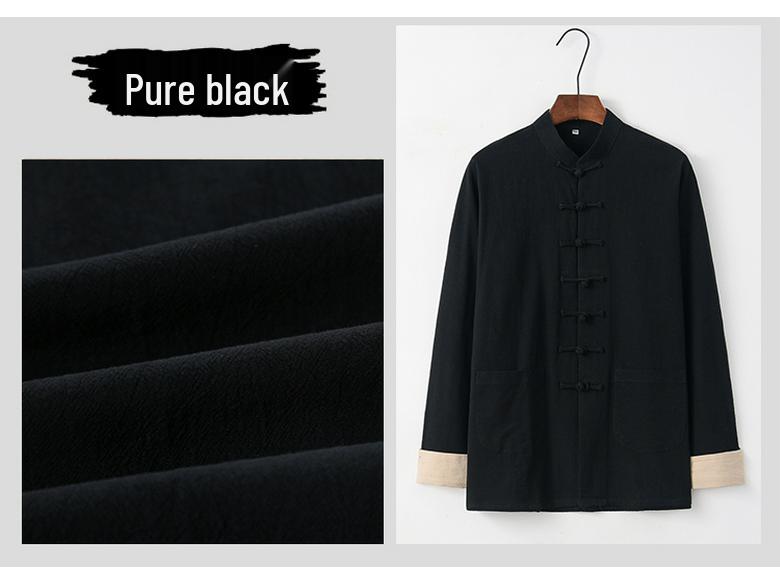 Men's Retro Embroidered Tang Suit Set - Cotton & Linen Long Sleeves for Spring/Autumn Zen Meditation