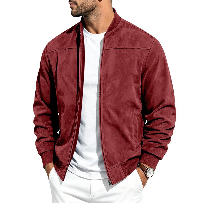 Men Faux Suede Bomber Jacket Zip‑Up Baseball Collar Casual Long Sleeve Outerwear Lightweight Fall Pilot Coat