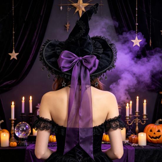 Dark Lolita Costume Accessories Gothic Witch Hat for Women, Style Halloween Accessory, Lightweight Party Outfit Essentials with Lace & Bow, Adjustable