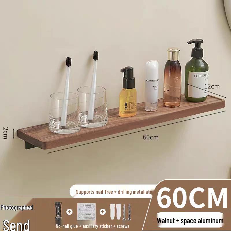 Walnut Bathroom No-Drill Wall Shelf: Solid Wood Toilet Storage Partition Walnut 20cm Length