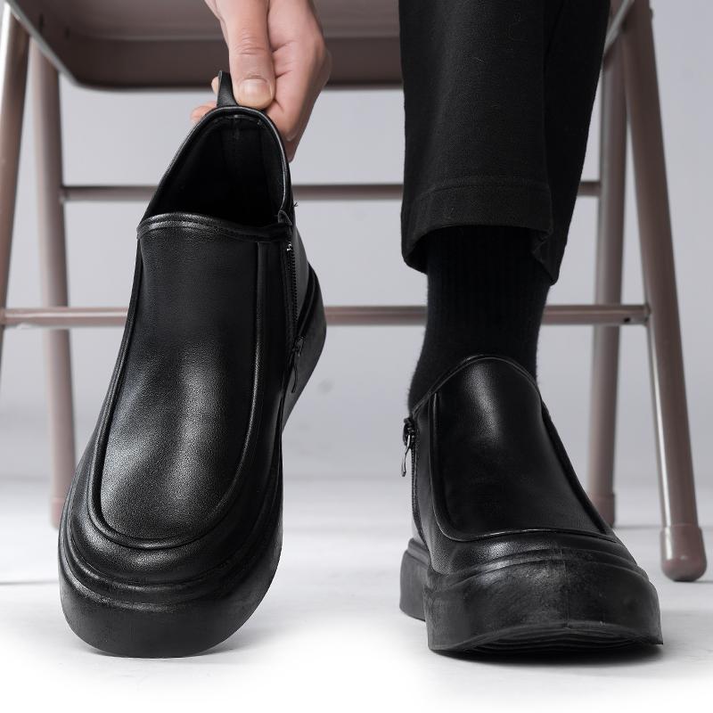 Męskie Czarne Botki Wszechstronne Casualowe Skórzane Botki Zamek PU Płaski Spód Casualowe Buty Do Chodzenia Jesień i Zima Męskie Buty na Jedną Stopę