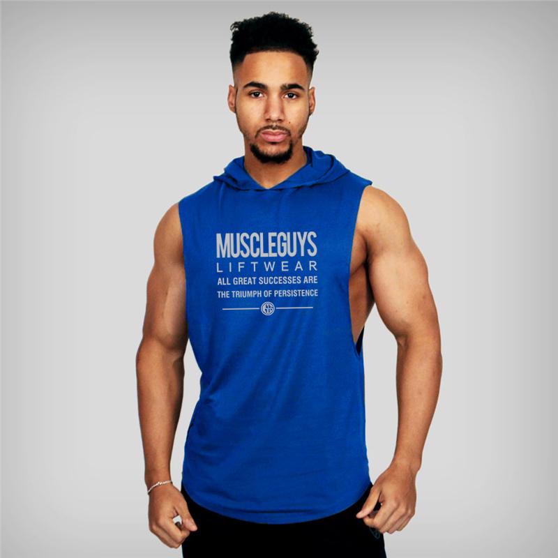 Muscleguys Muscleguys Brand Summer Mens Letters Print Gym Stringer Hooded Vest Bodybuilding Clothing Fitness Sleeveless Tank Tops Men