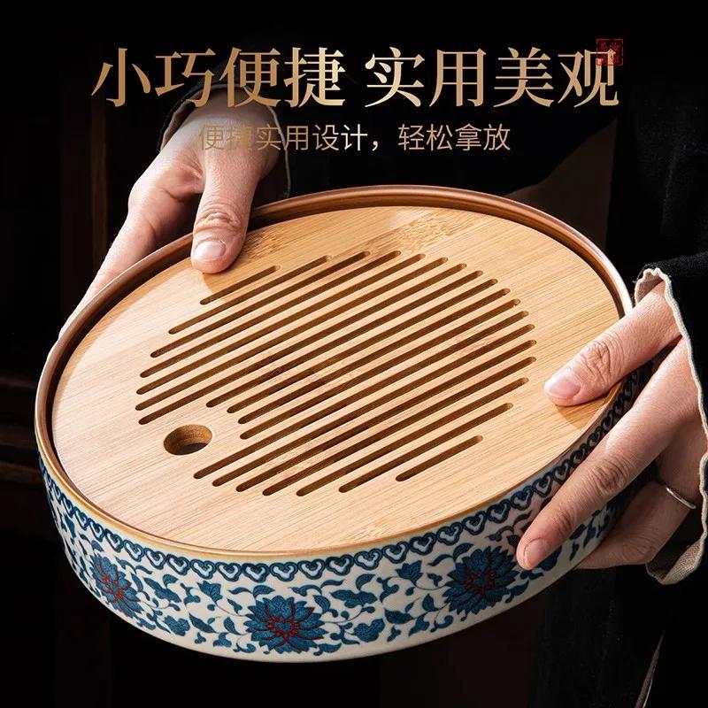 Handmade Blue and White Ceramic Bamboo Tea Tray for Home Use Ceramic Tea Sets, Traditional Chinese Tea Table