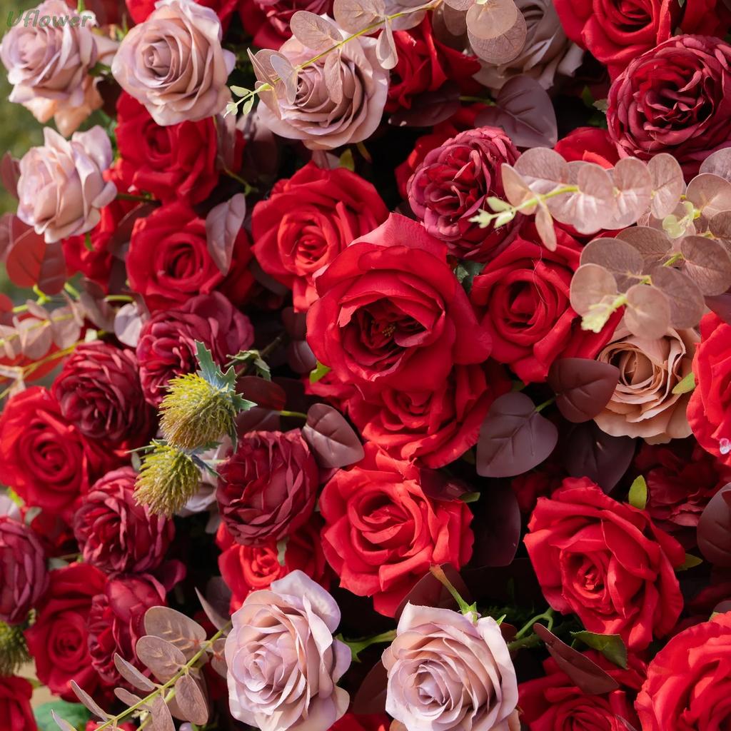 Uflower Red Rose Flower Wall Roll-Up Hanging Fabric Backdrop for Wedding Event Party Decorations Artificial Floral Curtain