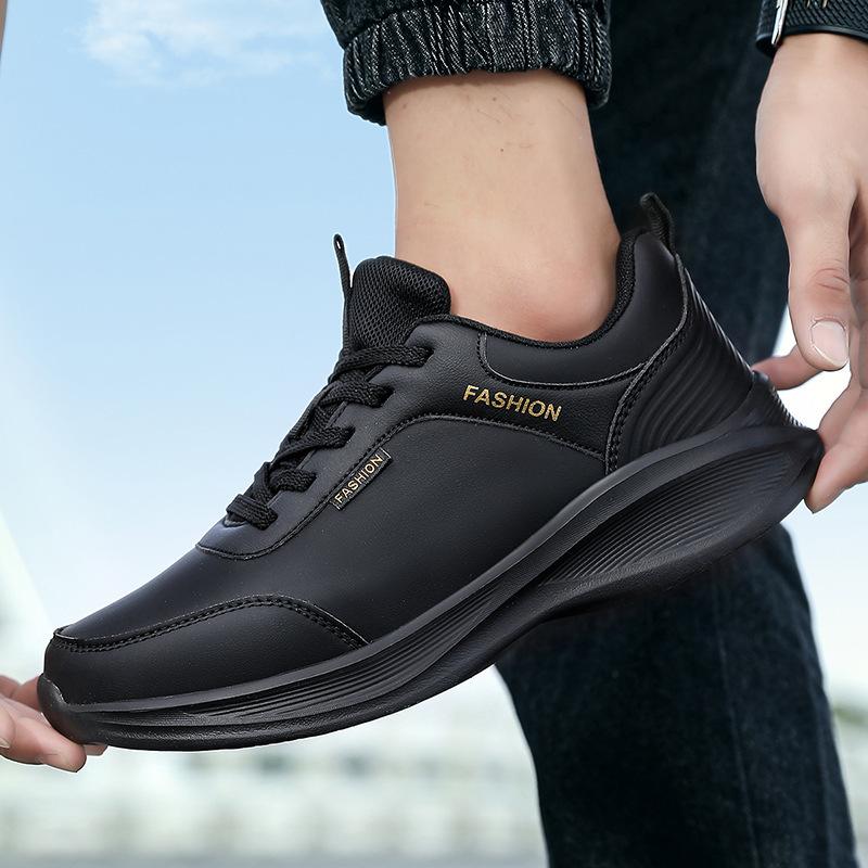 Sneakers shoes black large size leather casual shoes lightweight soft-soled shoes thick-soled non-slip and wear-resistant running shoes