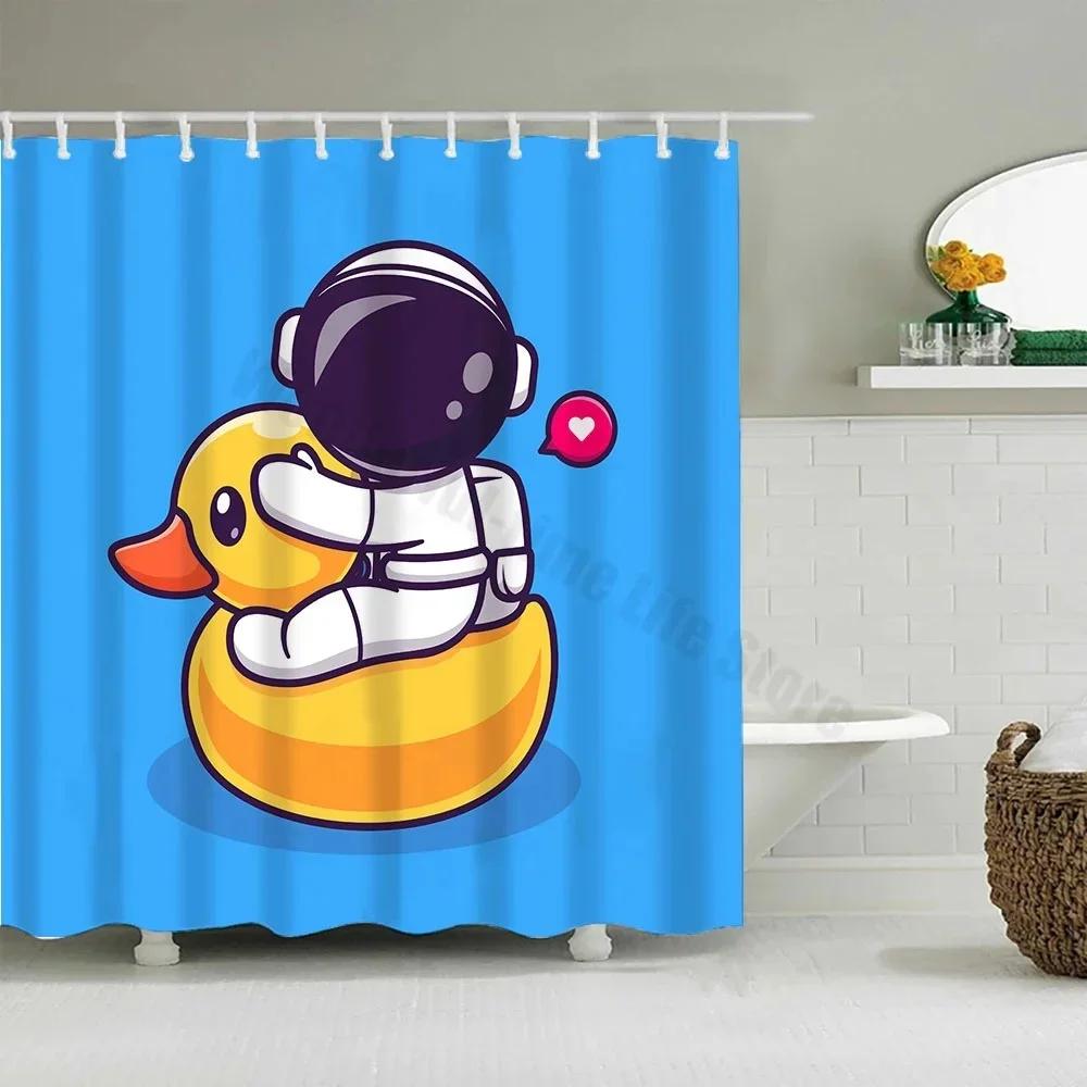 Cute Little Yellow Duck Shower Curtain Cartoon Funny Smiley Face Bathroom Waterproof Bath Duck Fabric 12 Hooks Bathroom Decor