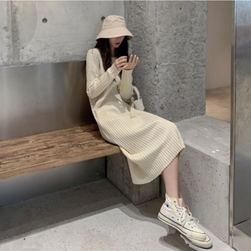 Spring New Retro Long Sleeve Bottom Skinny Black Sweater Knitted Dress Children Autumn and Winter