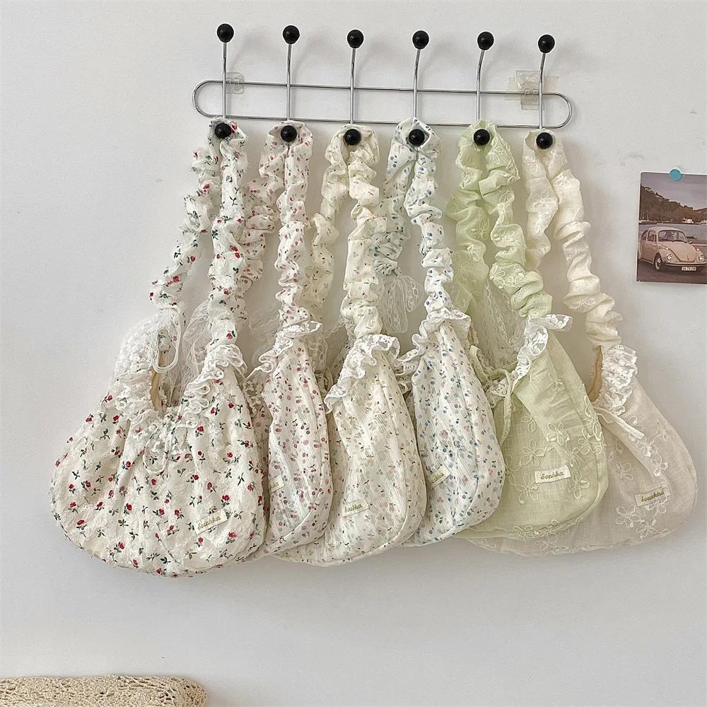 Sweet Lace Bow Female Tote Commuter Underarm Bag Rose Floral Women's Shoulder Bags Pleated Strap Girls Flower Crossbody Bag