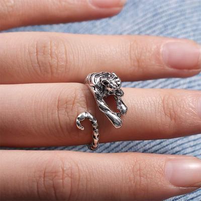 Adjustable Fierce Tiger Ring Ancient Gold Silver Vintage Animal Style Ring Alloy Personality Opening Ring Jewelry Accessories