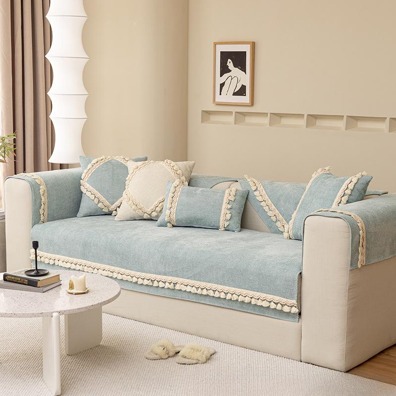 Nordic Four Seasons Chenille Sofa Cushion Quilted Fabric Non-Slip Universal Tassel Modern Simple Home Decor 70*70cm синий