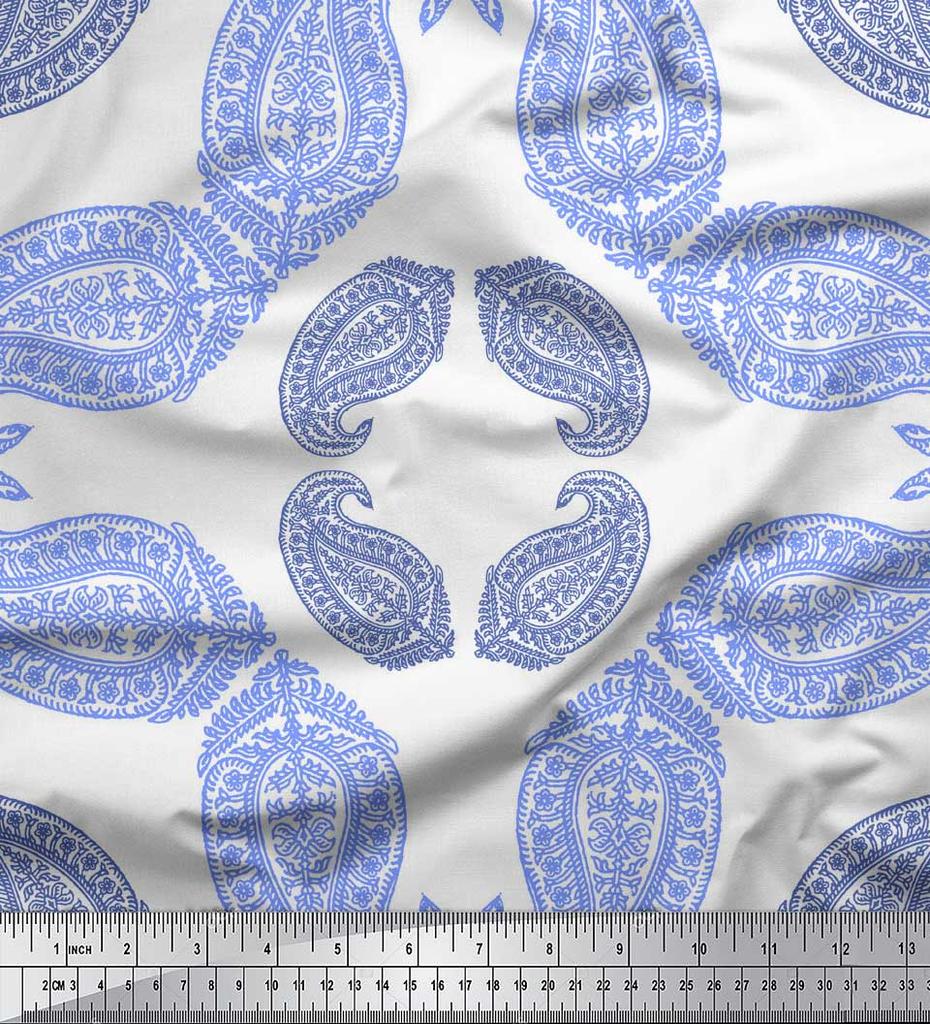 Soimoi Blue Japan Crepe Satin Fabric Floral & Block Print Fabric by the metre 42 Inch