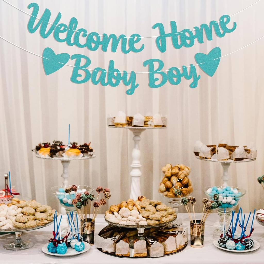 Welcome Home Baby Boy Banner - It's a Boy Baby Shower Decor, Little Sweet One Gender Reveal Baby Shower Decorations Blue Glitter