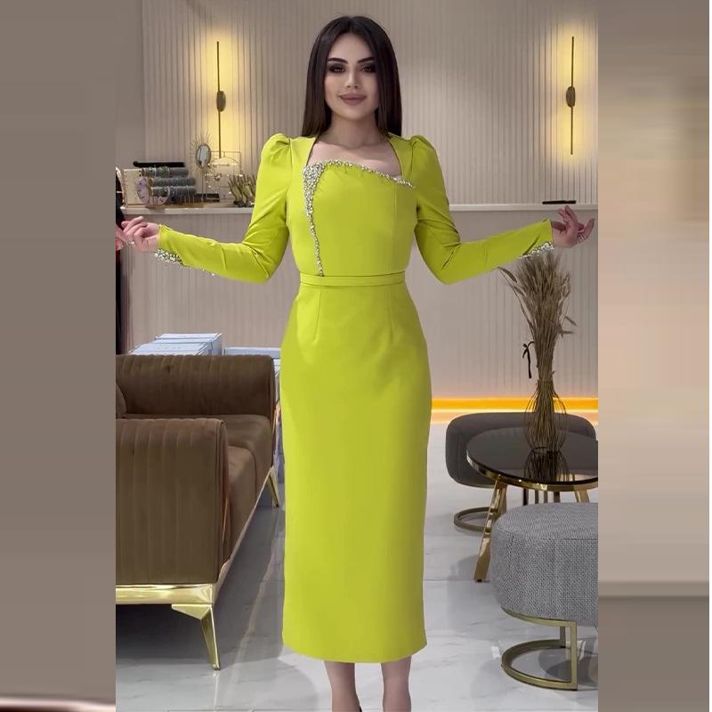 2024 Autumn European & American Luxury Diamond-Embellished Women's Color Square Neck Dress
