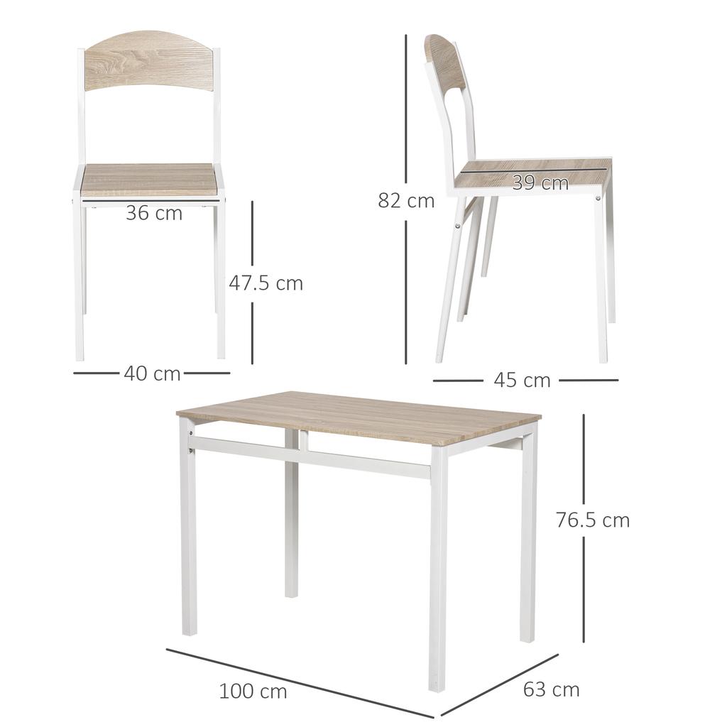 Juego de Comedor de 5 Piezas, Juego de Mesa y Sillas de Comedor con MDF con Veta de Madera y Metal en Gris y Blanco, 1 Mesa y 4 Sillas para Comedor Moderno