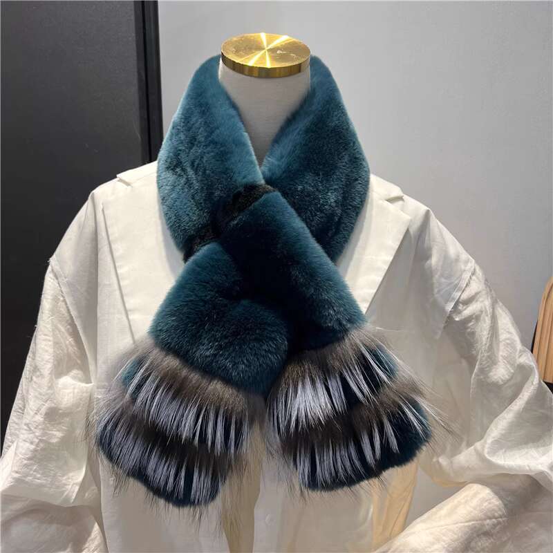 Real Rex Rabbit Fur Scarf women Winter Warmth Thick Double-sided Fur Scarves with fox fur Natural Fur Mufflers Lady Fur Scarf
