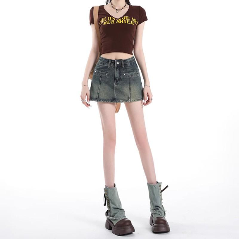 High Waist Denim Skort Women A-Line Short Skirt With Hidden Shorts Stretchy Vintage Blue Ripped Design XS